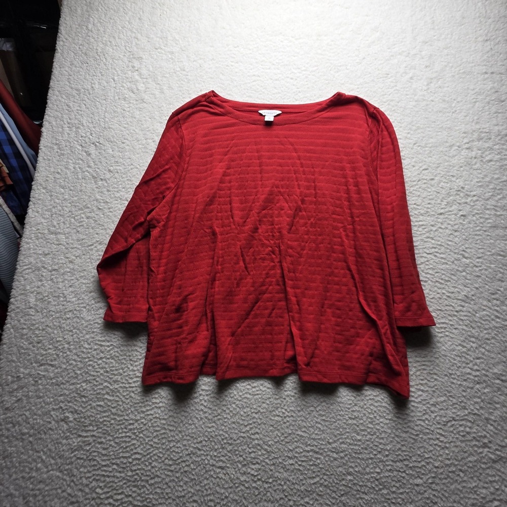 Liz Claiborne Shirt Womens Plus 3X Red Boat Neck 3/4 Sleeve Stripe Jersey Top